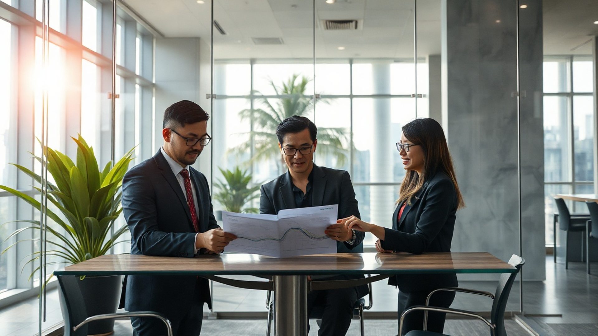 Two professionals reviewing a printed roadmap in a modern Malaysian office