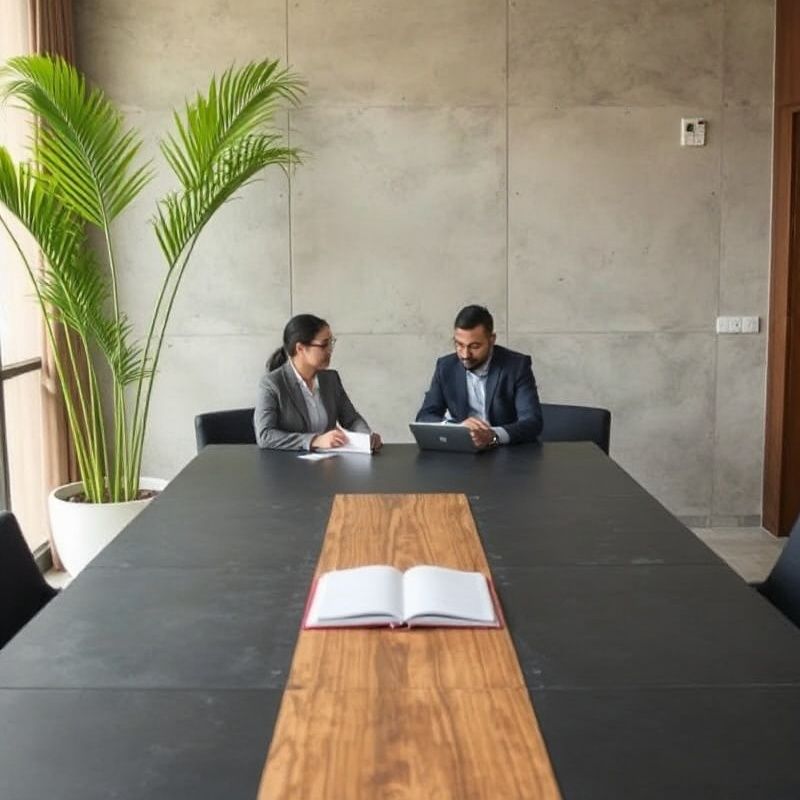 A consultant and CEO in focused discussion at a minimalist conference table