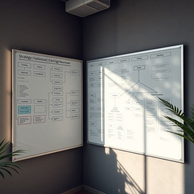 A strategy whiteboard filled with frameworks and decision trees in a bright office