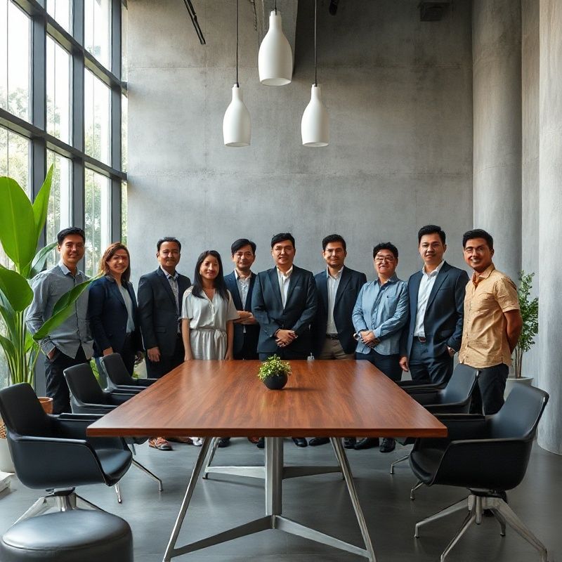 The Mintkforge consulting team standing around a conference table in a Melaka office